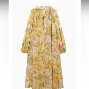 Cos midi dress in muted yelllow/gold and earth tonrs.  Self belt